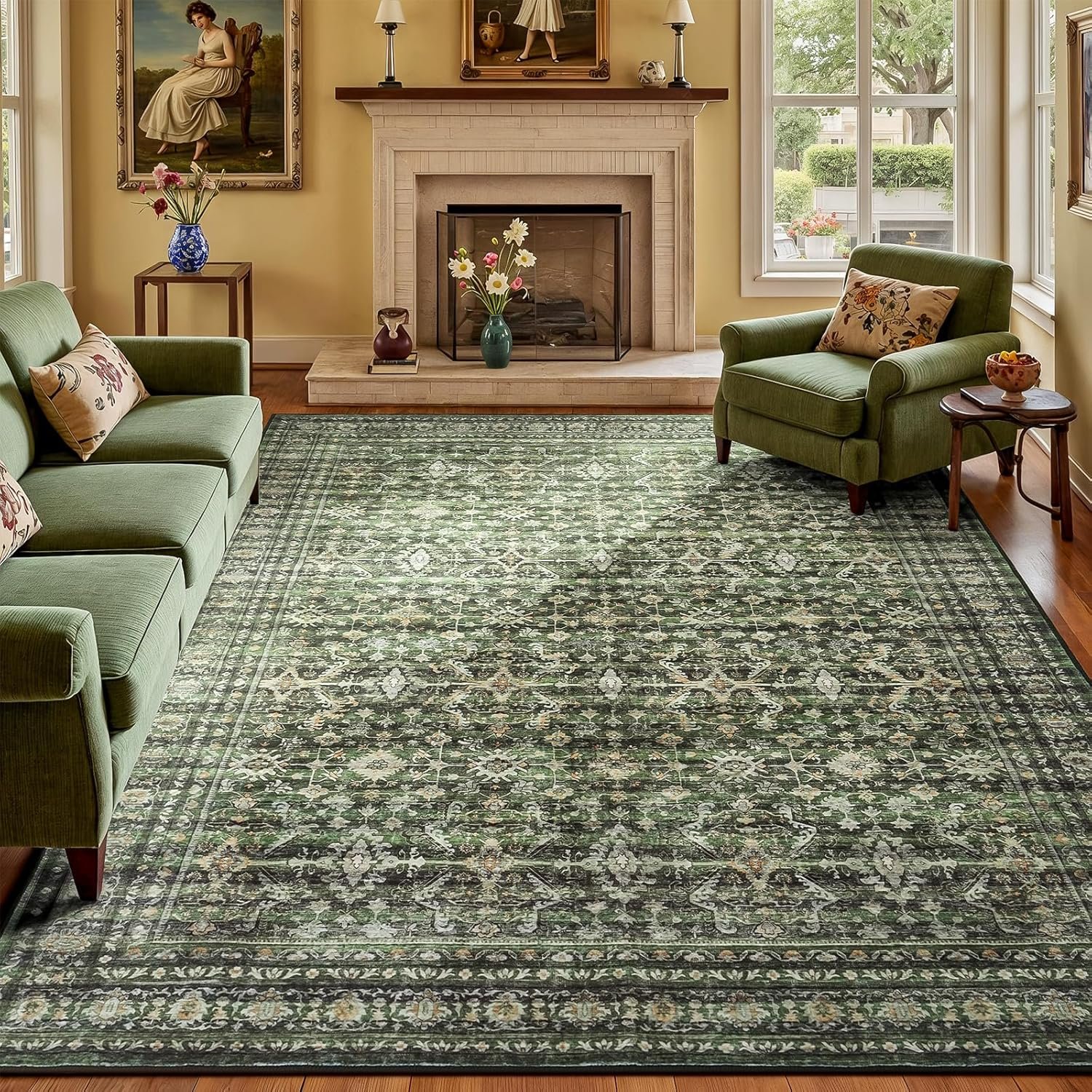 8×10 Area Rugs for Living Room Green Washable Non-Slip Large Carpet | Soft Boho Area Rug for Bedroom Dining Room Home Office Indoor Nursery, Stain Resistant, Low Pile, Vintage Distressed Rug