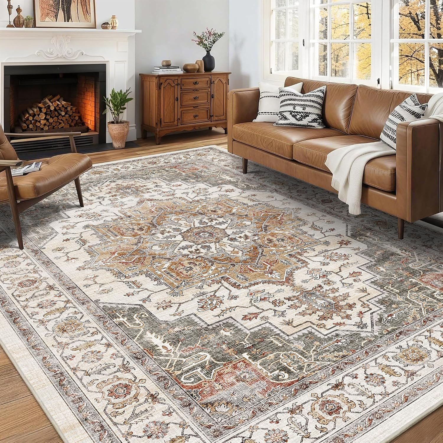 5×7 Area Rug for Living Room Soft Washable Vintage Boho Area Rug | Non-Slip, Retro Print, Low Pile, Stain Resistant, Washable Orange Gray Indoor Rug, for Bedroom, Dining Room, Nursery, Office
