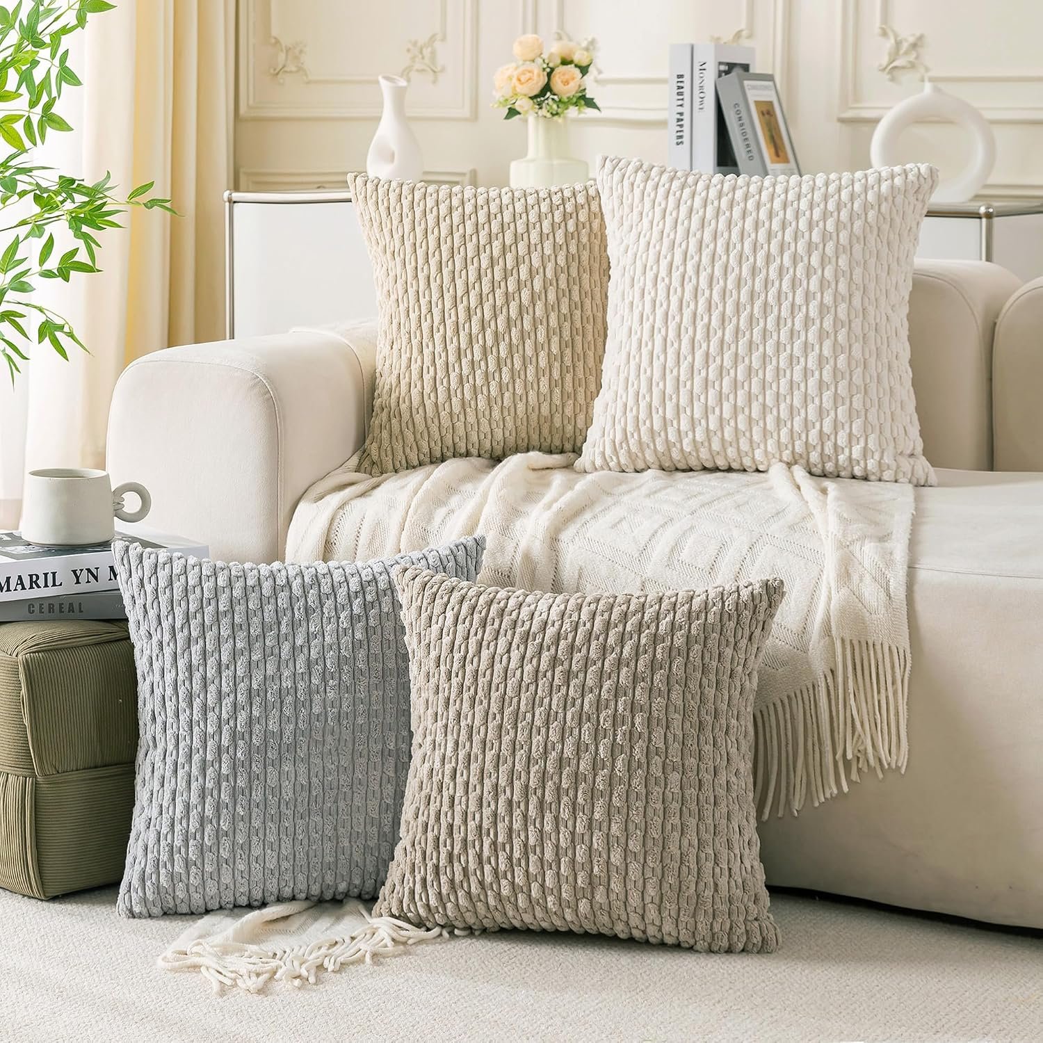 Set of 4 Neutral Decorative Throw Pillow Covers 18×18 Inch Corduroy Pillow Covers for Bed Couch Sofa Living Room Soft Square Cushion Cases
