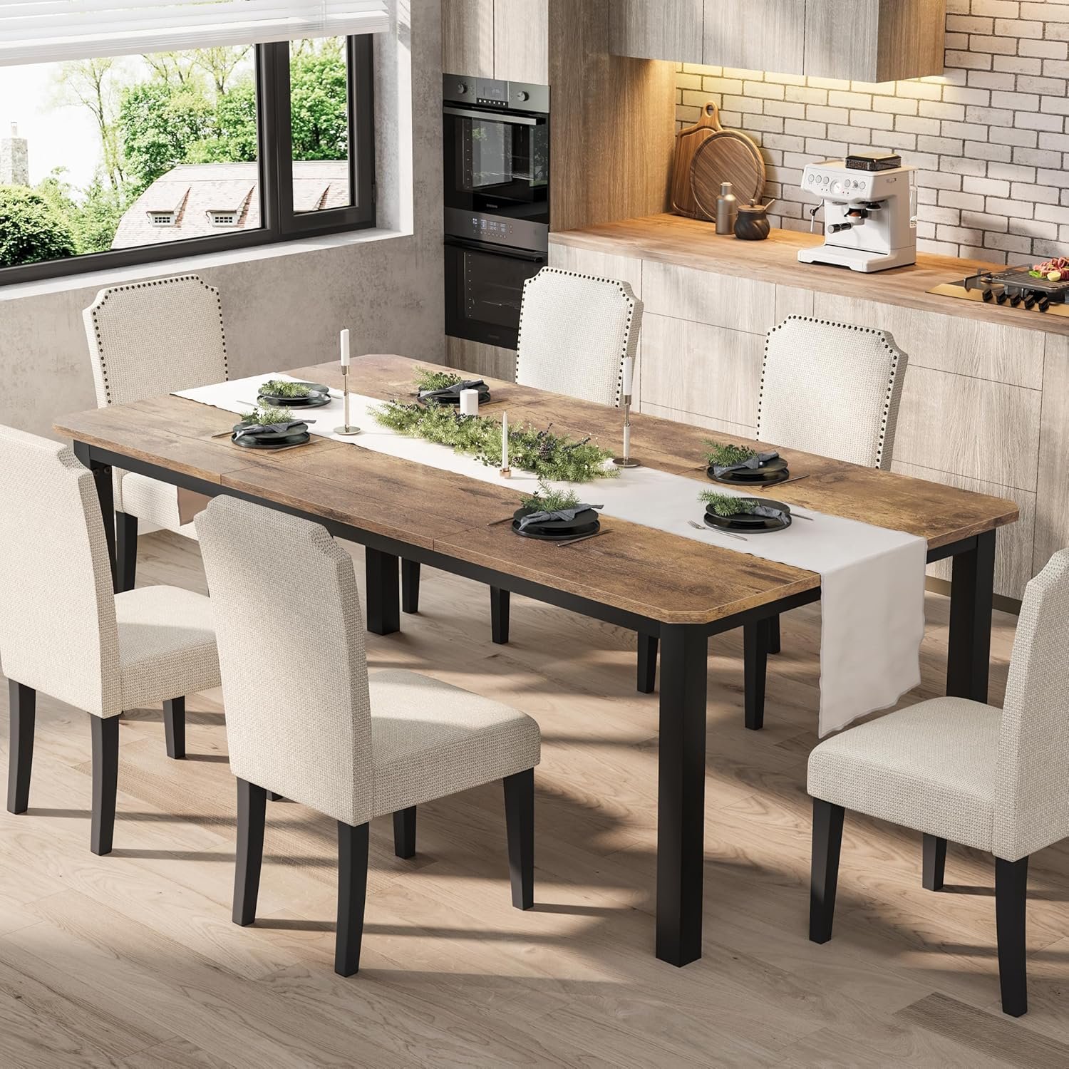 Garvee 78.7″ Dining Table for 8-10 People for Dining Room,Brown(Only Table) | Large Industrial Dinner Kitchen Tables with Sturdy Metal Frame, Multi-Use for Living Room Indoor Restaurant Office Desk