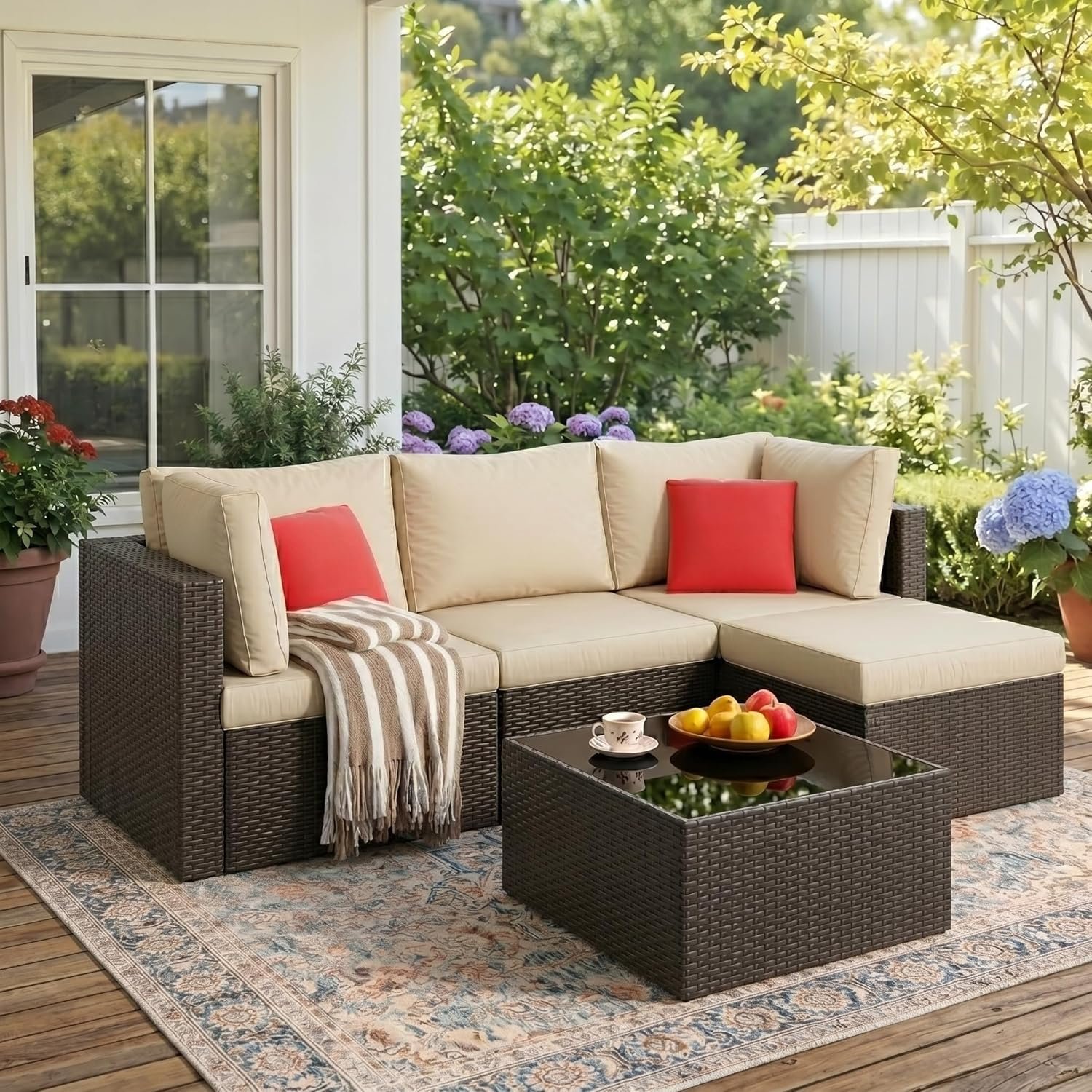 Vongrasig 5 Piece Patio Furniture Sets, Outdoor Patio Set Sectional Sofa | All-Weather PE Rattan Outdoor Couch with Ottoman, Glass Table for Garden, Backyard, Porch, Beige