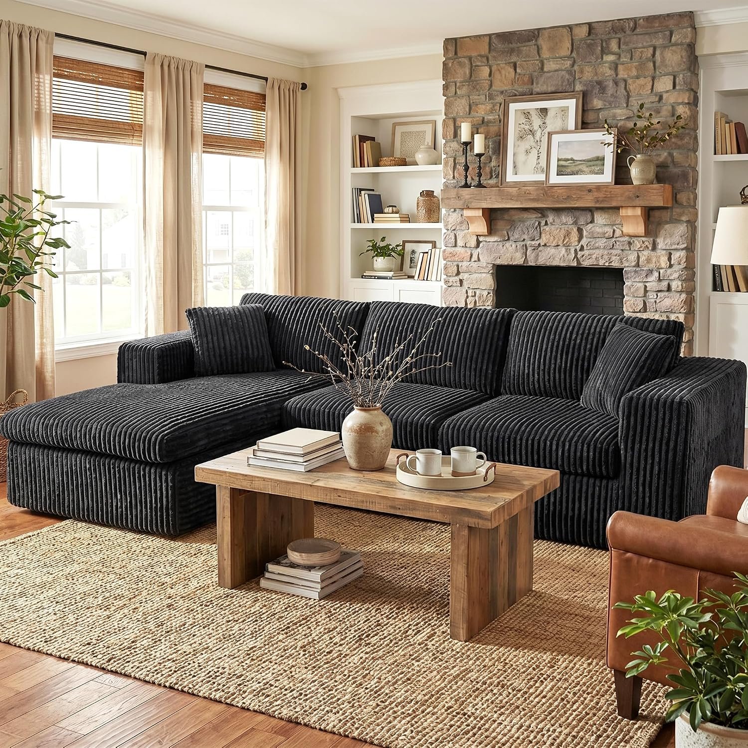 Shintenchi 105″ Modular Sectional Sofa, Boneless L Shaped Couch with Deep Seat, Cloud Foam Couch with Oversized Chaise, Plush Corduroy Sofa No Assembly Needed for Living Room, Black