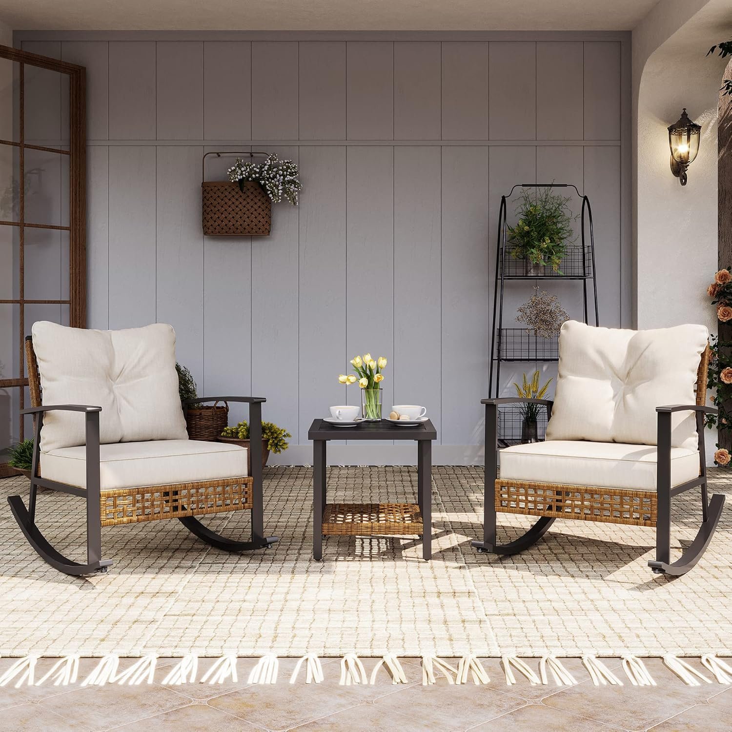 3-Piece Rocking Bistro Set, Outdoor Patio Furniture with Thick Cushions and 2-Tier Coffee Table, Oversize Rattan Conversation Set for Garden, Balcony, Backyard (Beige)