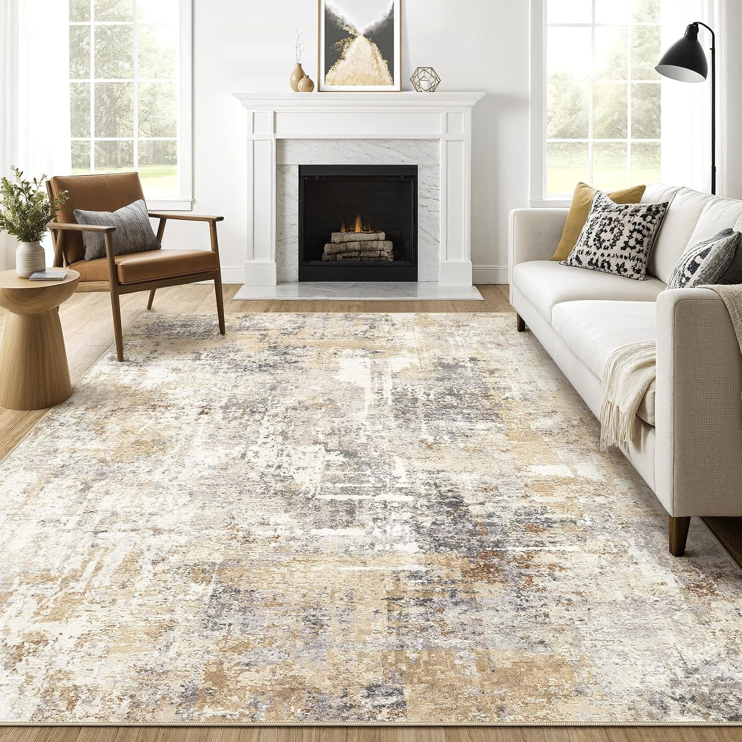 8×10 Area Rugs Living Room: Washable Large Abstract Neutral Modern Soft Rug Stain Resistant Indoor Floor Non-Slip Accent Carpet for Bedroom Nursery Playroom Dining Room Office Dorm Home- Grey Gold