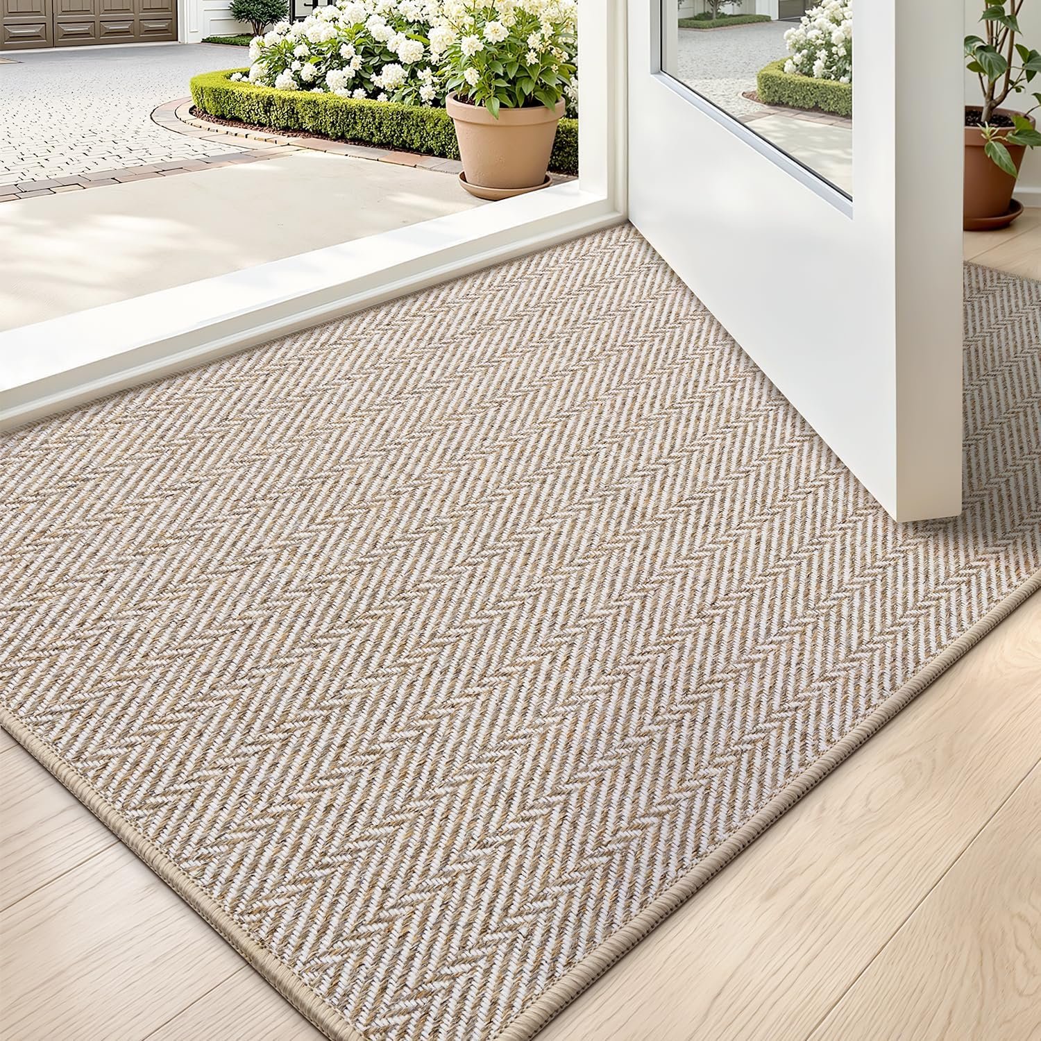 LUMI Ultra Thin Indoor Door Mat for Entrance 24″x36″, Non Slip Entryway Mat, Low Profile Doormat, Unique Herringbone Design Carpet for Inside, Patio, Porch, Beige