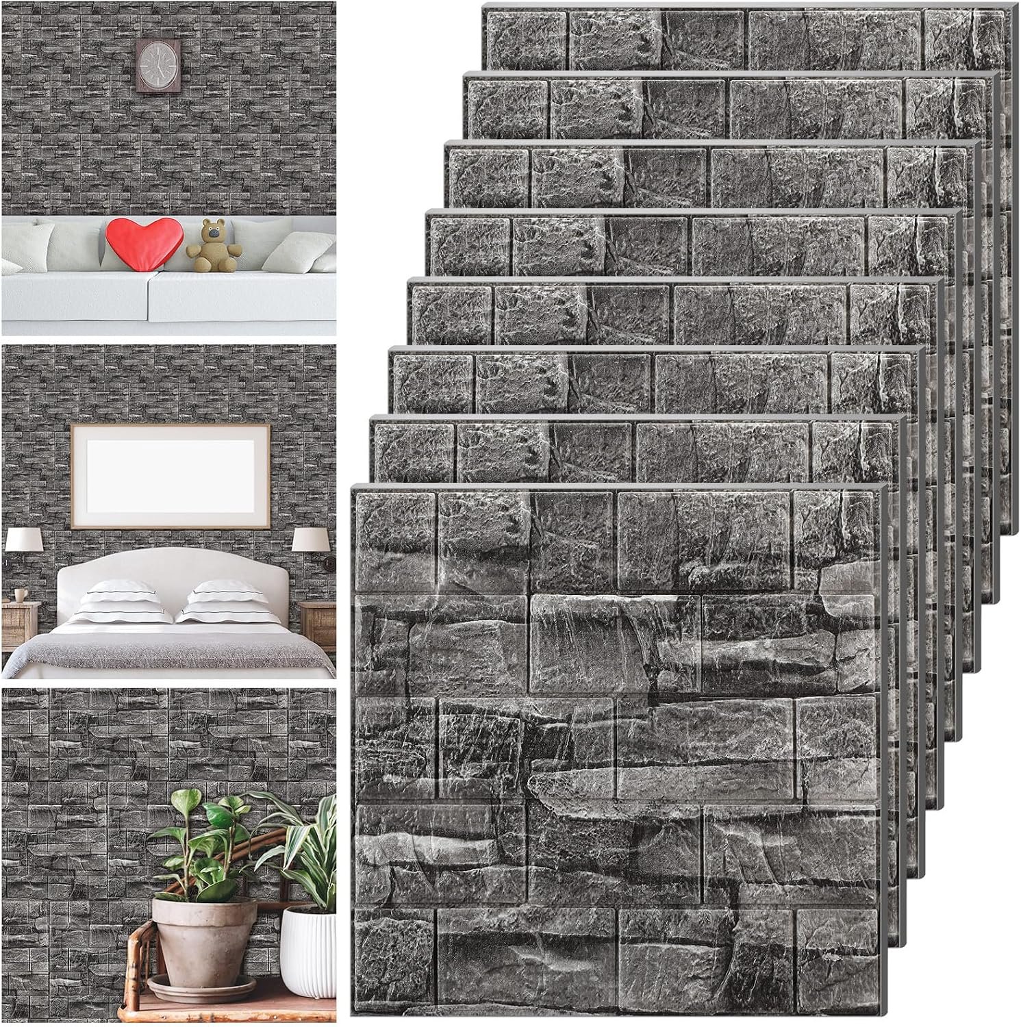 30 Pcs 28.8-48.4 Sq ft 3D Wall Panels Peel and Stick Foam Brick Wallpaper Printable Faux Rock Wall Covering Decorative Tiles Self Adhesive Waterproof (Grey Stone)