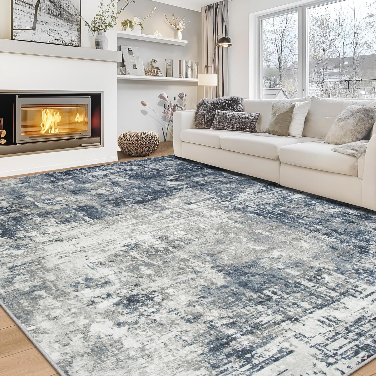 8×10 Area Rugs for Living Room Bedroom Dining Room Washable Blue Grey | Soft Modern Abstract Decor for High-Traffic Areas, Non-Slip Backing, Water Repellent, Pet Proof, Non-Shedding, Indoor