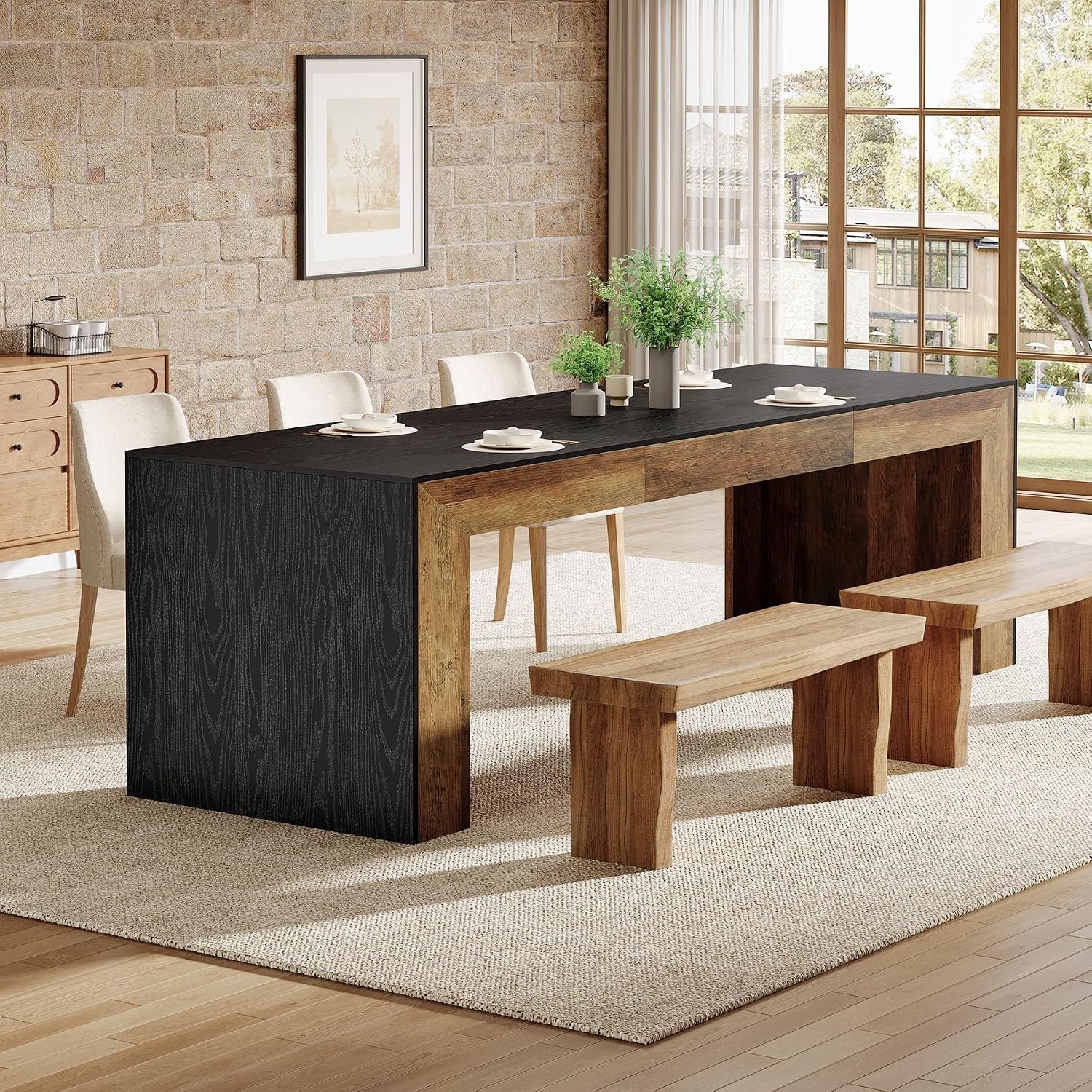 Tribesigns Extra Long Dining Table for 6-8 People, 78.7-Inch Rectangular Kitchen Table with Wooden Tabletop and Legs for Kitchen, Dining Room, Living Room, Heavy Duty, Black+Brown