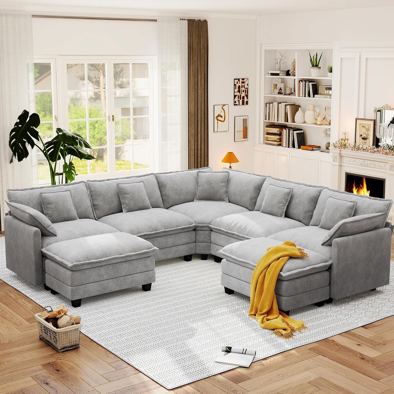 113.8″ Modular Sectional Sofa,Cloud Couch for Living Room,Modern Deep Seat Sofa 5 Seater Chenille Fabric Comfy L Shaped Couches with Throw Pillows & Movable Ottoman for Apartment