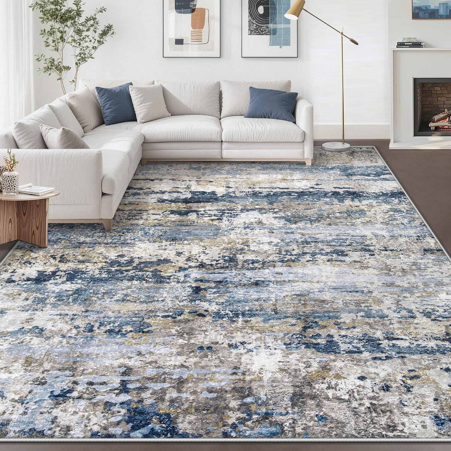 pmtsns Area Rugs 8×10 for Living Room: Washable Rug Modern Abstract Neutral Soft Non-Slip Low-Pile Indoor Large Carpet for Bedroom Dining Room Playroom Home Office (Blue Grey Brown, 8’x10′)