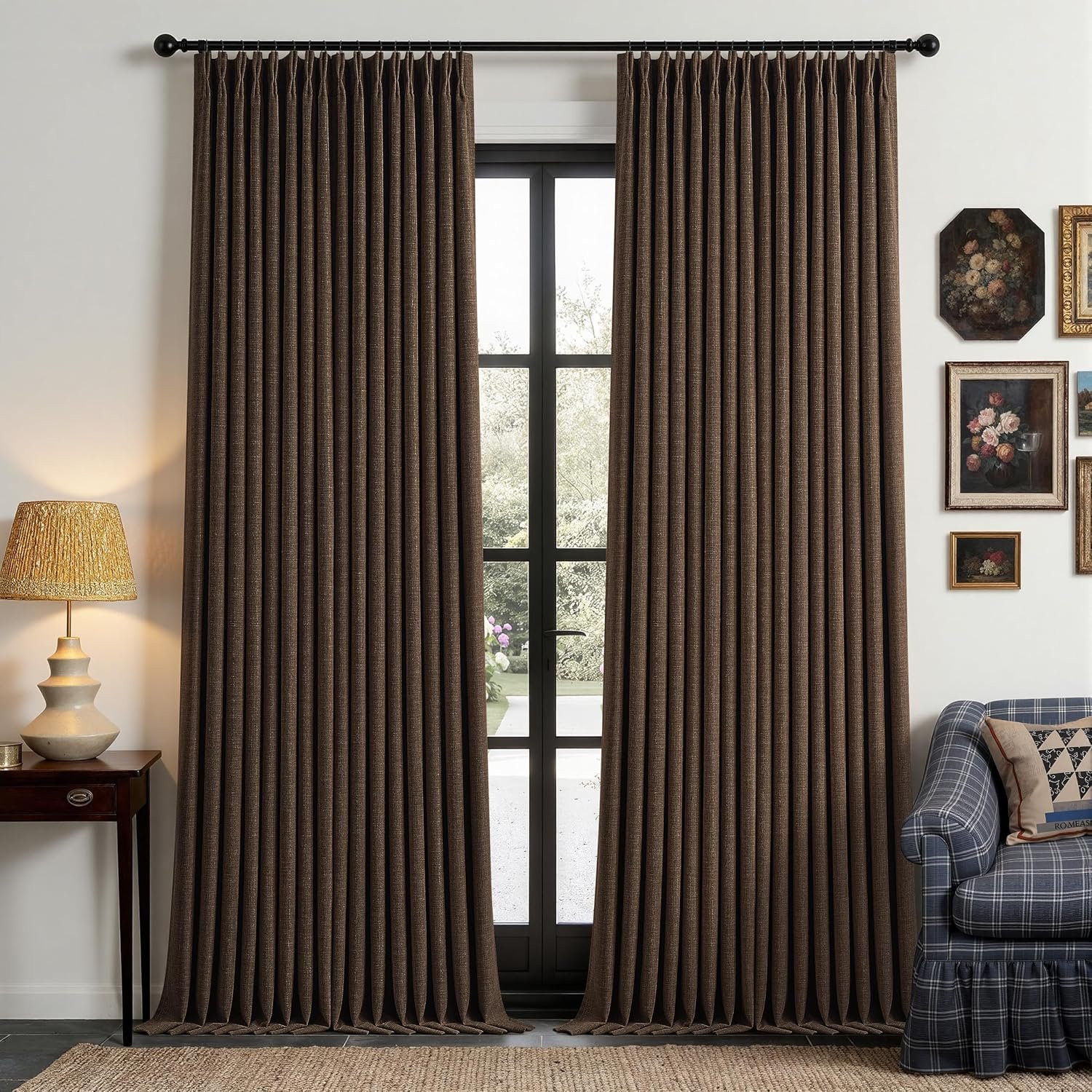 Pinch Pleated Linen Blackout Bedroom Curtains 102 Inch Length Dark Brown Linen Pinch Pleat Curtains for Living Room 100% Black Out Drapes Thermal Insulated Floor Ceiling 50 Inch Wide Window Drapes