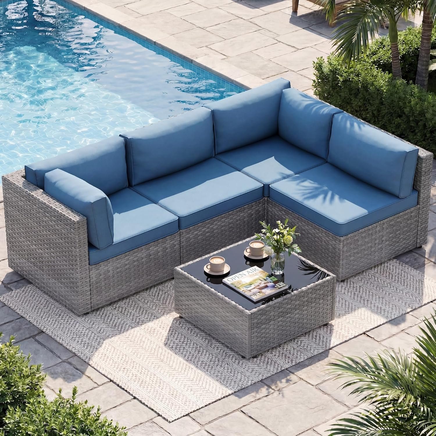 Shintenchi 5 Piece Outdoor Patio Furniture Set with Washable Cushions & Glass Coffee Table for Backyard Poolside Garden Porch,Navy Blue
