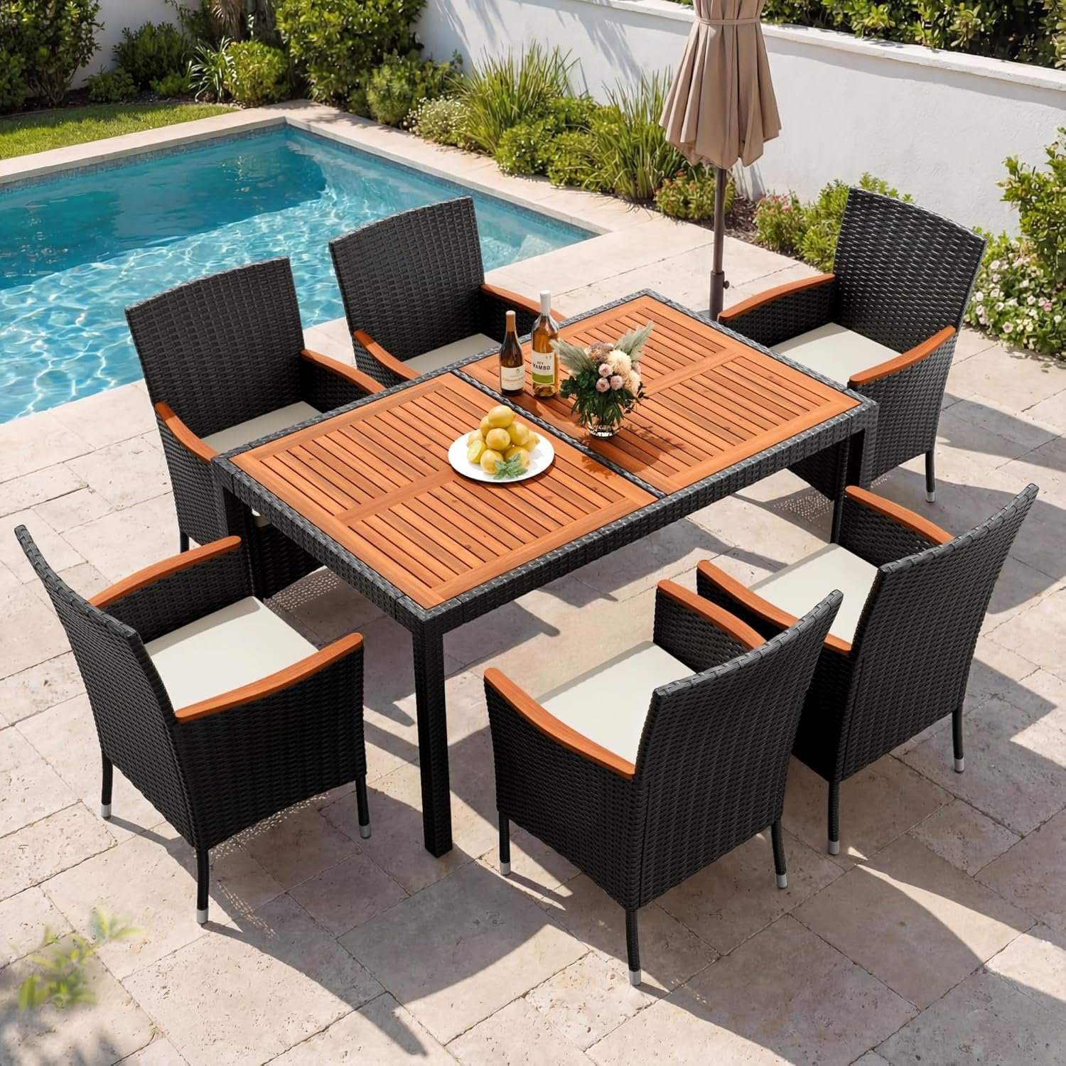 Devoko 7 PCS Acacia Wood Patio Dining Set, Black Rattan | Outdoor Patio Furniture Set, Patio Dining Table Set for 6, Patio Table and Chairs Set For Garden Backyard Pool Side