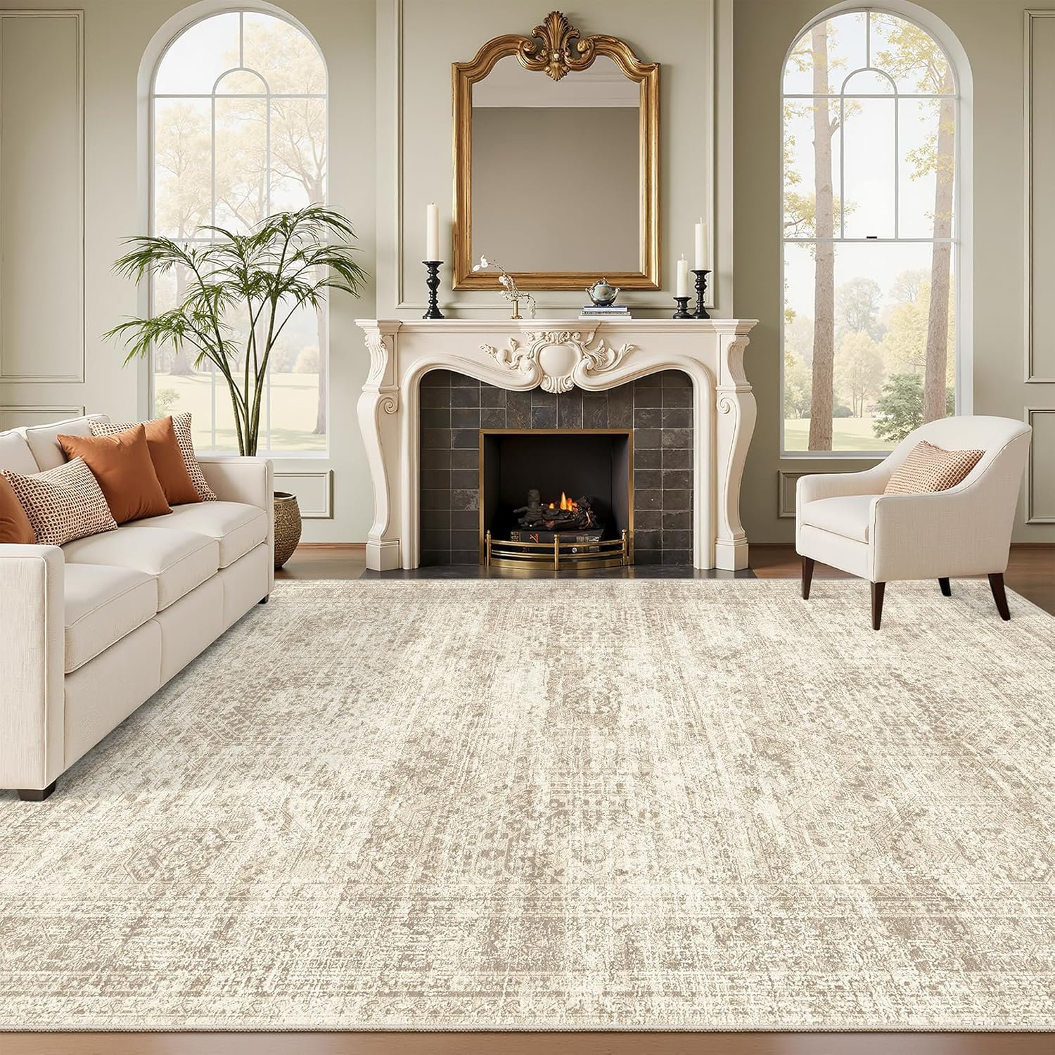 Soalmost Washable Area Rug 8×10 Large Soft Beige Rugs for Living Room | Vintage Non-Slip Carpet for Dining Bedroom, Stain Resistant Low Pile Foldable Lightweight Floor Mat Under Table Home Decor