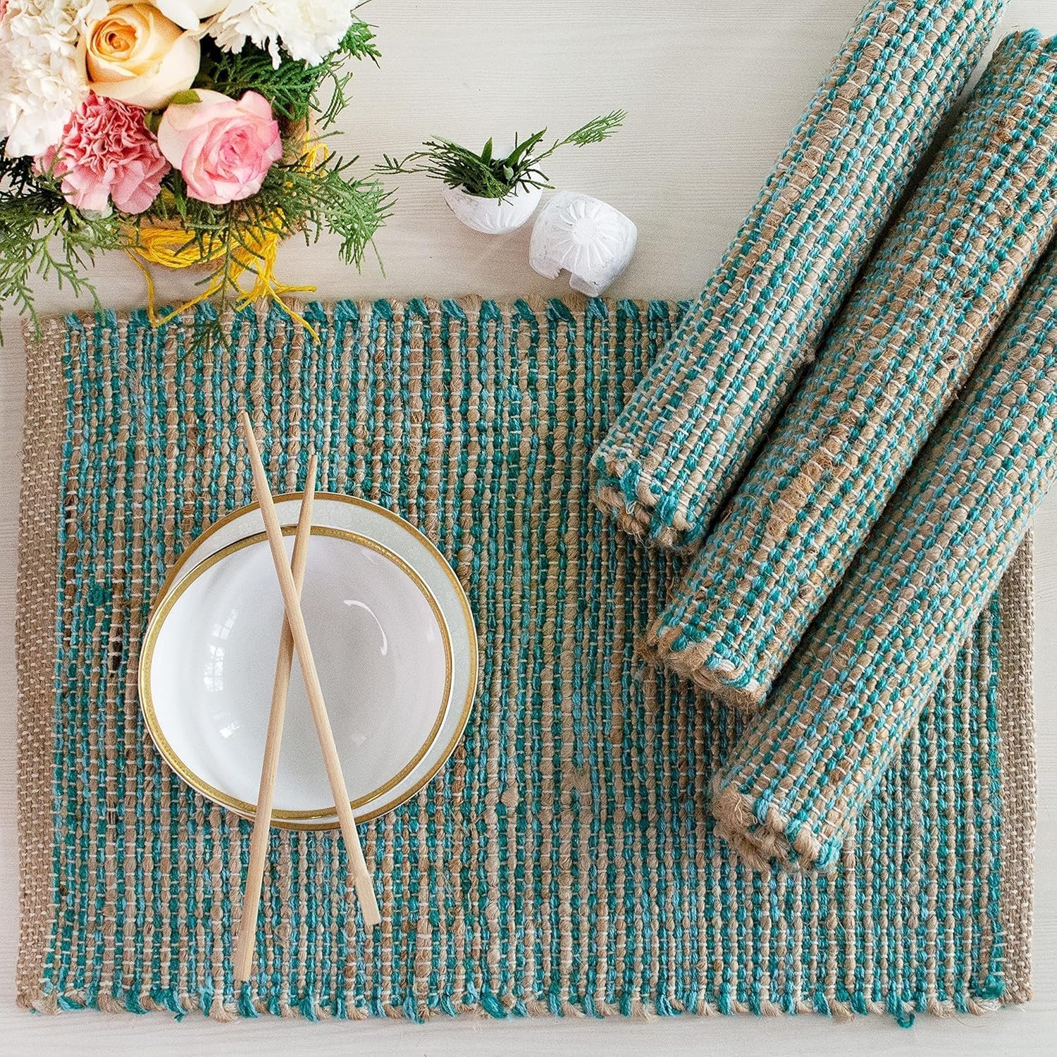 Chardin Home Natural Jute & Aqua Turquoise Placemats, Set of 4 – Rustic Handmade Boho Table Mats, 13×19 in Dining Table Placemats – Kitchen, Everyday Meals, Holidays, Farmhouse or Modern Table Décor