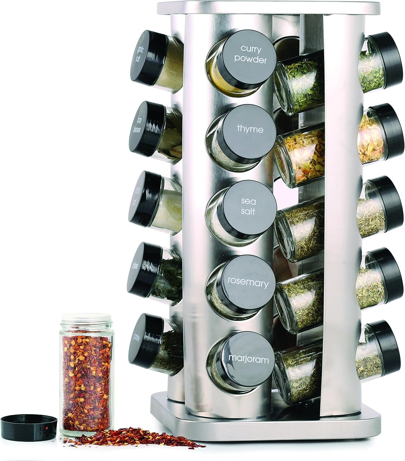 20 Jar Rotating Spice Rack with Spices Included & 5-Year Free Spice Refill Program – Stainless Steel Countertop Spice Rack with 3 oz Glass Jars | 5-Year Free Spice Refill Program, Stainless Steel Countertop, 3 oz Glass Jars