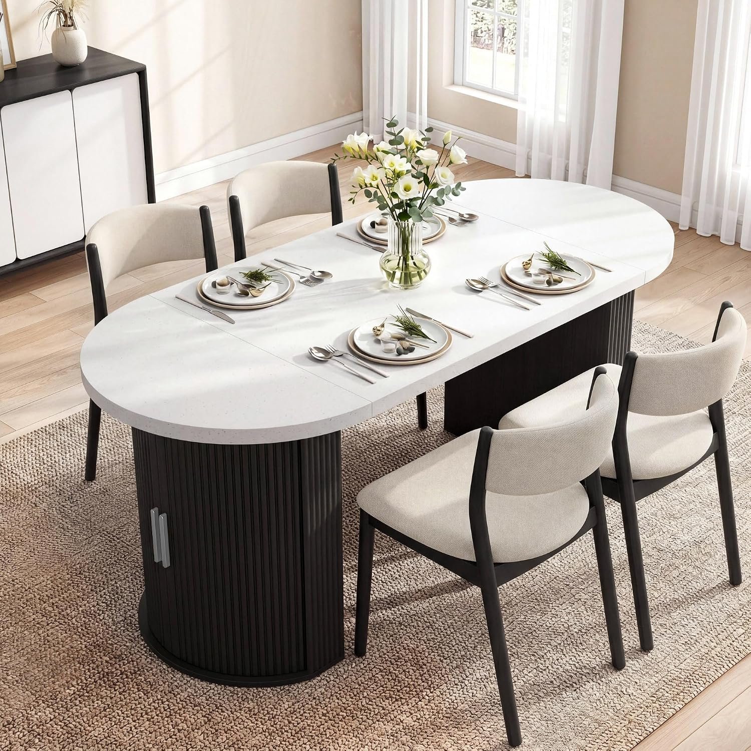 IRONCK 71″ Oval Dining Table for 4-8, Modern Farmhouse Dining Table with Hidden Storage & Fluted Base, 1.6″ Thick Faux Quartz Top, Dinner Table for Dining Room Kitchen Home Office, Black