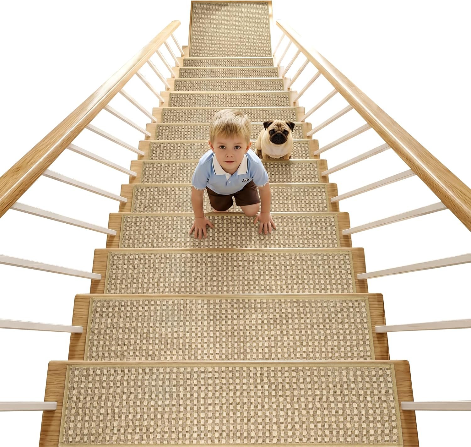 Chenille Stair Treads for Wooden Steps 8″x30″ (15 Pack), Ultra Soft Non-Slip Carpet Stair Runners Indoor, Peel and Stick Self-Adhesive Step Rugs for Kids & Dogs, Machine Washable, Beige