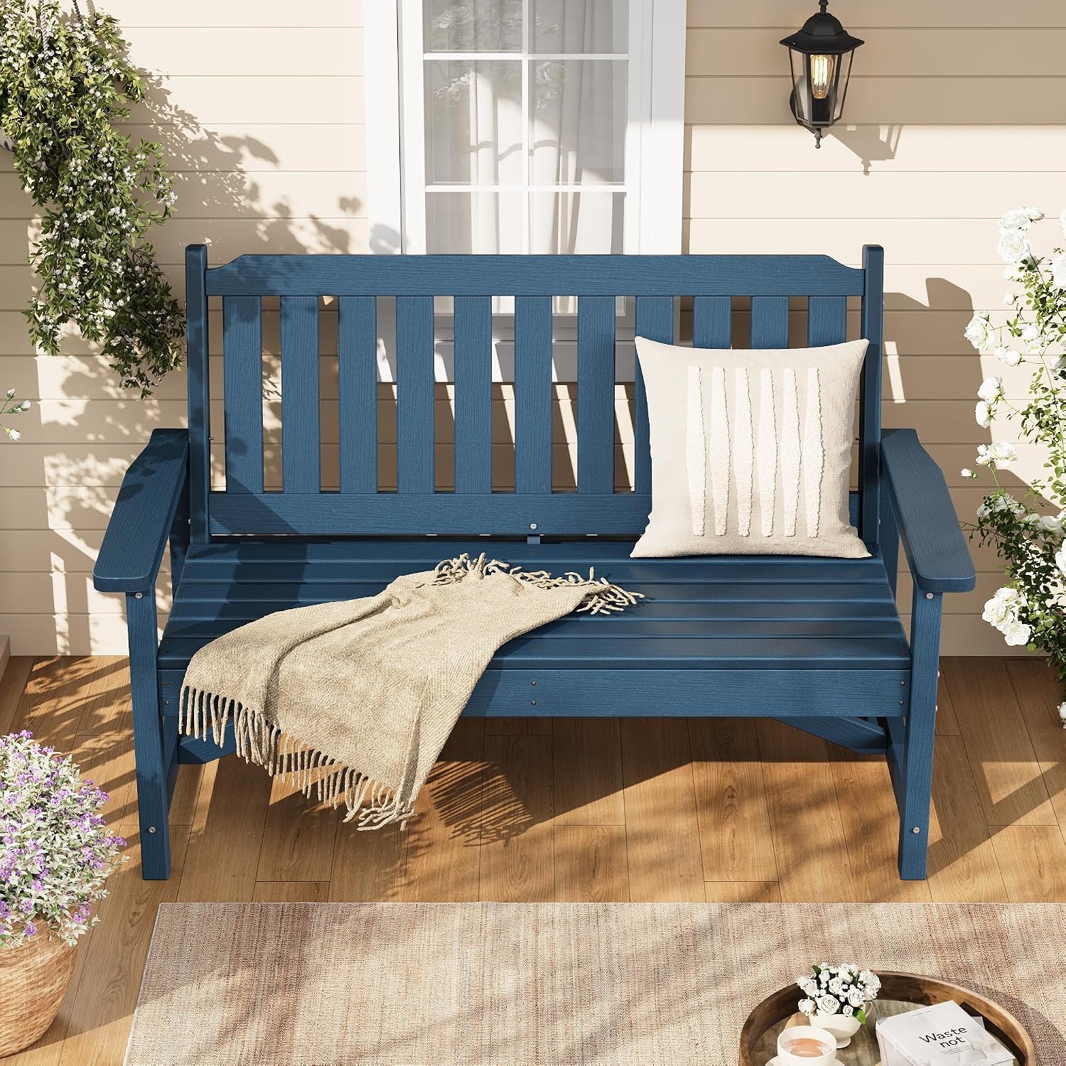 Garvee 2-Person Outdoor Bench, HDPE Patio Slatted Bench, All-Weather Durable Garden Bench for Backyard, Porch, Lawn, and Poolside, Navy Blue