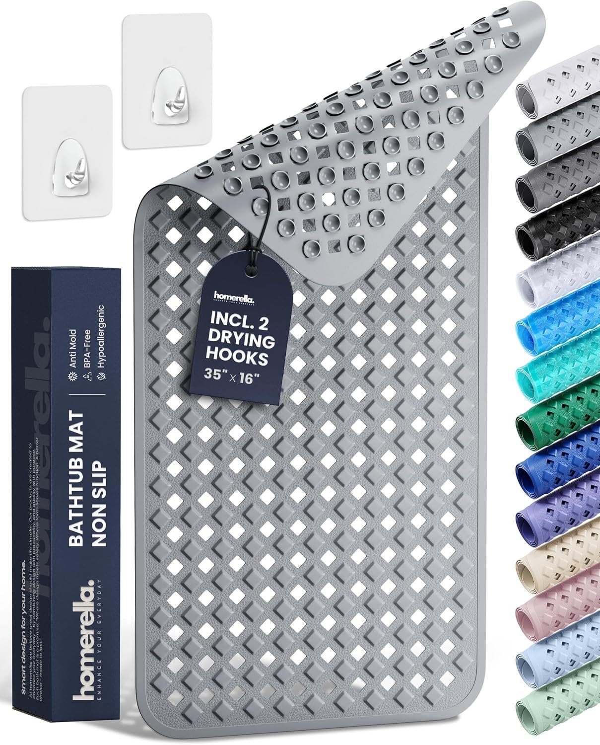 homerella Bathtub Mat Non Slip 35×16 Shower Mat Non Slip Anti Mold BPA Free | Mildew Resistant, Machine Washable, Extra Long Tub Mat, Shower Mats for Inside Shower, Bath Mat for Tub Non Slip EU Certified
