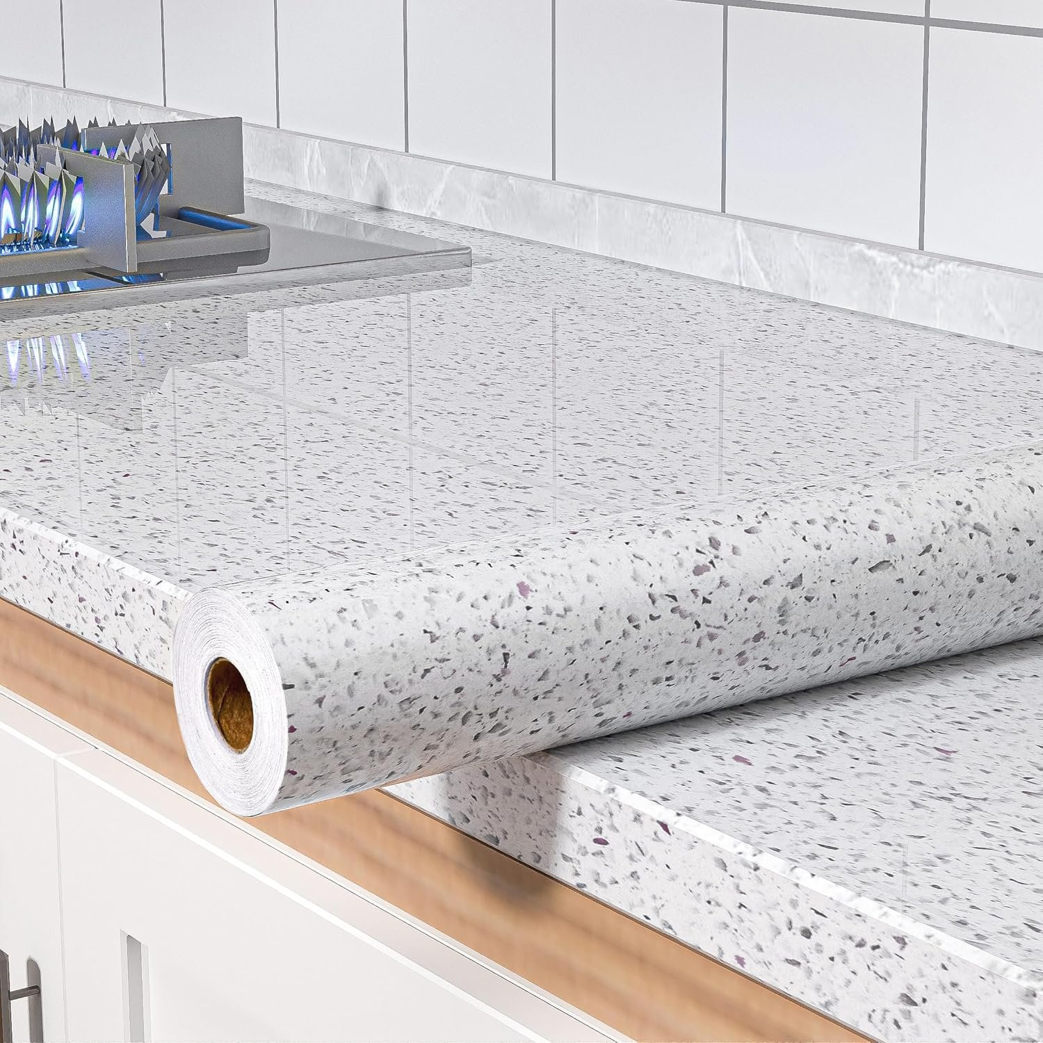 MelunMer White Glossy Marble Contact Paper for Countertops 118”×15.7” Self Adhesive Removable Wallpaper Granite Peel and Stick Wallpaper for Bathroom/Kitchen/Cabinets Waterproof Easy to Clean