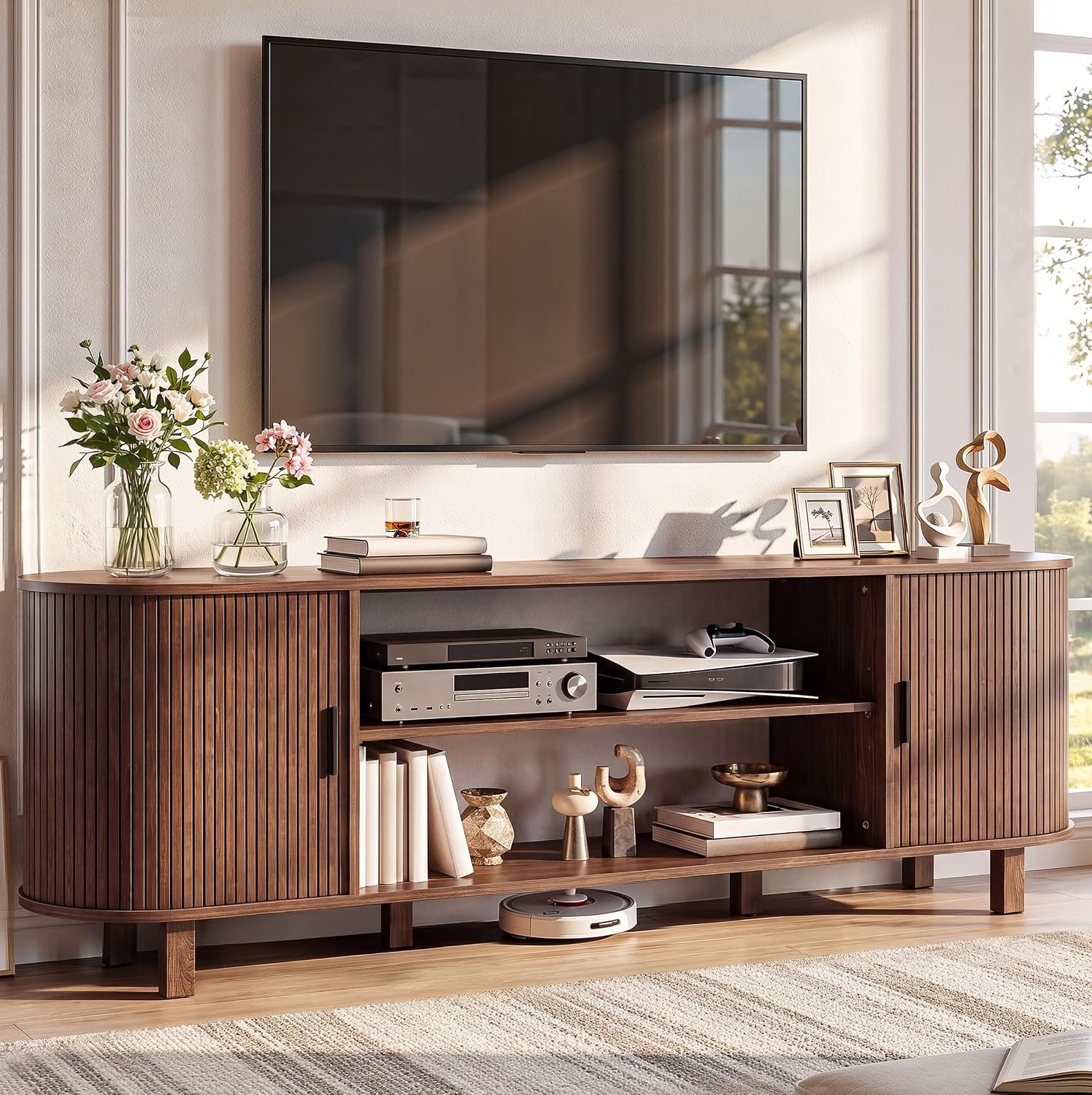 YITAHOME 70″ Mid Century TV Stand with Fluted Sliding Doors, Walnut | Entertainment Center with Fluted Sliding Doors, for 75 Inch TVs, for Living Room, Adjustable Shelves, Storage Space