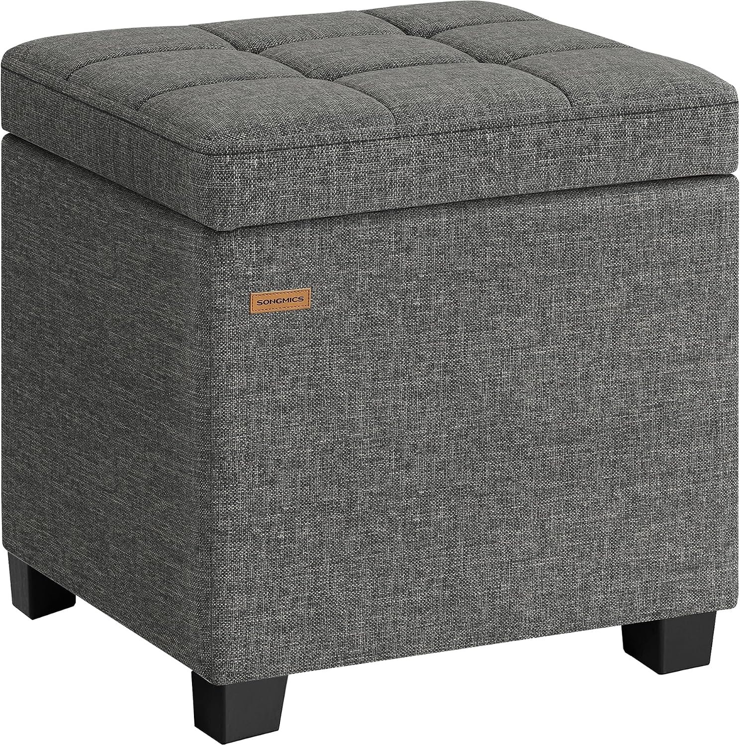 SONGMICS Square Storage Ottoman, Foot Stool Footrest with Legs, Ottoman Cube with Hinged Lid, for Living Room, Bedroom, 16.9 x 16.9 x 18.1 Inches, Linen-Look Fabric, Slate Gray ULOM509GN01