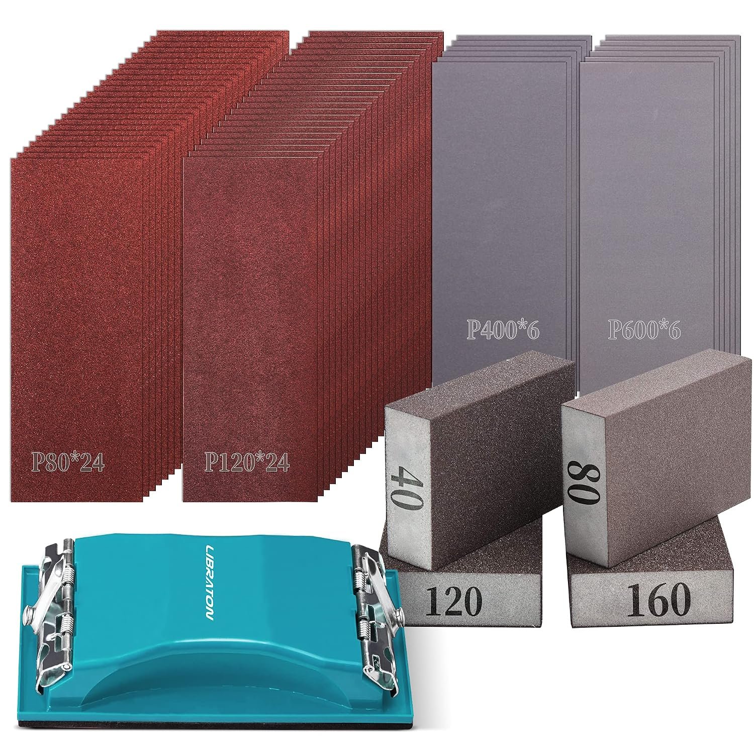 Sandpaper 65Pcs, Sand Paper, Sandpaper Assortment 80/120/400/600Grit | Assorted Sandpaper for Wood, Sanding Sponges, Sanding Handle, Heavy Grit Sandpaper Sheets for Wood, Metal, Wet & Dry Sanding