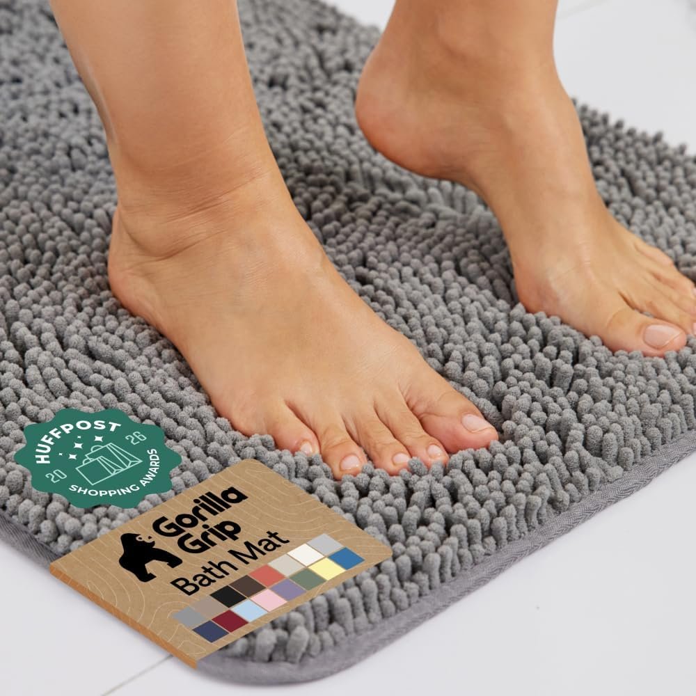 GORILLA GRIP Bath Rug Mat 36×24, Thick Soft Absorbent Chenille, Quick Dry Microfiber Mats, Rubber Backing Washable Shower Floor Rugs, Bathmat Runner, US Designed Bathroom Home Decor Accessories Grey
