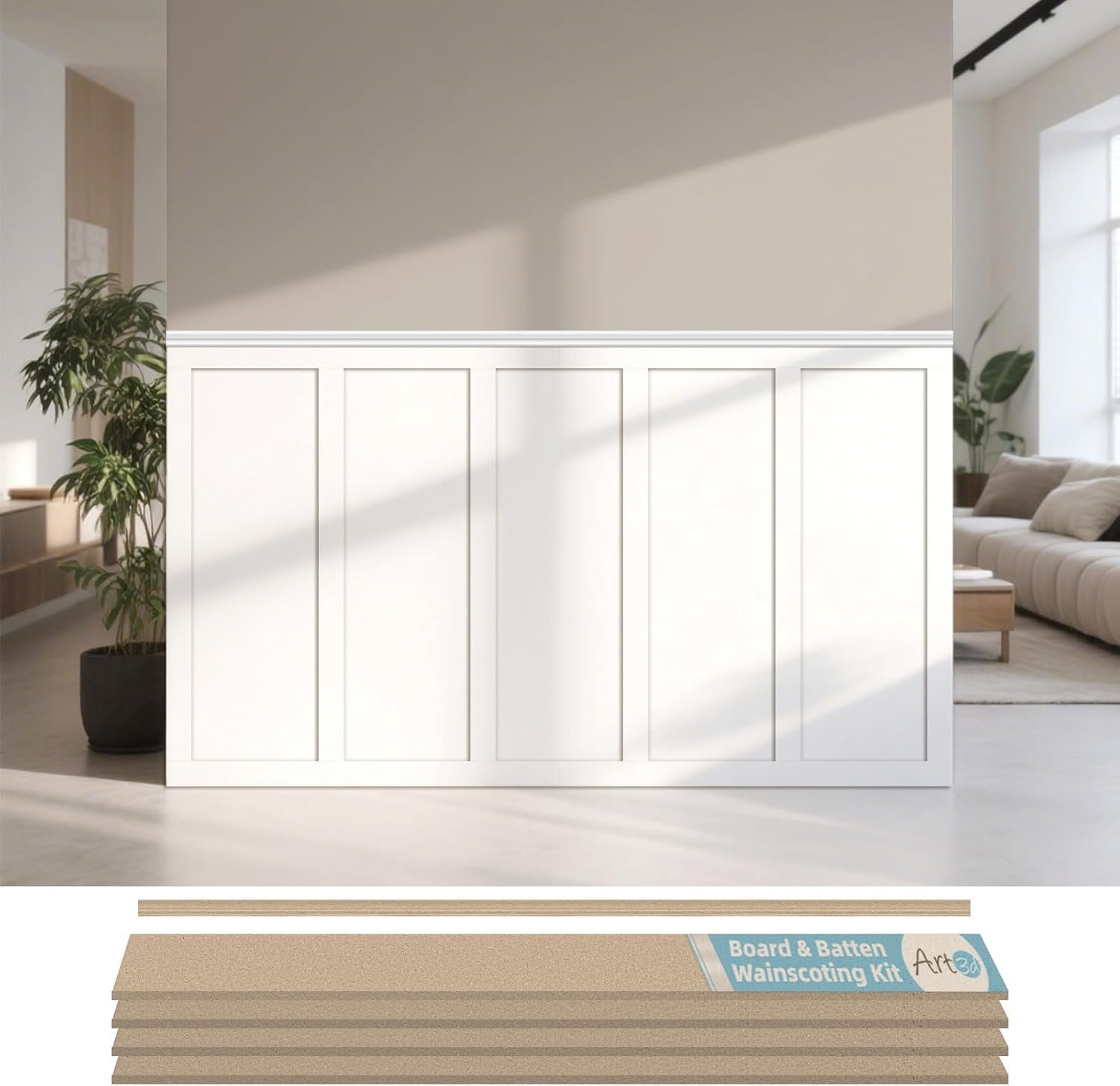Art3d MDF Premade Paintable Board and Batten Wainscoting Kit, 94.5 x 54 in | Molding Slat with Edge Strip, Lightweight, Paintable, Impact-Resistant, Easy to Install, Ideal for Living Rooms, Bedrooms