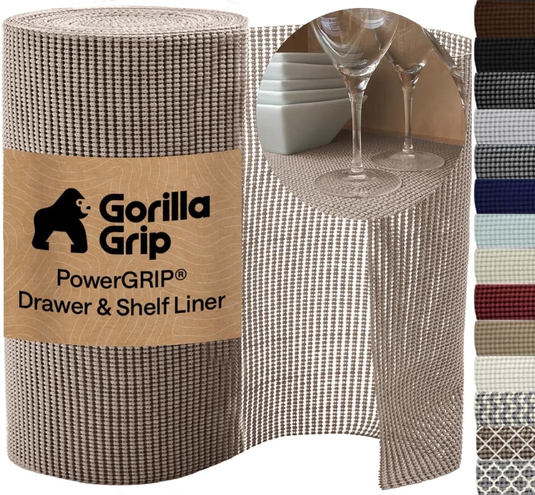GORILLA GRIP powerGRIP Drawer Shelf and Cabinet Liner, Thick Strong Hold, Non-Adhesive Liners Protect Kitchen Cabinets and Cupboard, Bathroom Drawers, Easy Install Mat, 12″ x20′, Beige