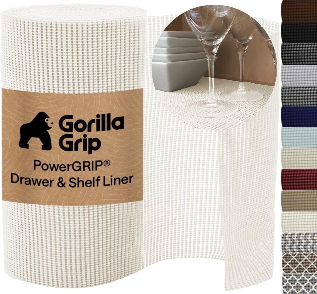 GORILLA GRIP powerGRIP Drawer Shelf and Cabinet Liner, Thick Strong Hold, Non-Adhesive Liners Protect Kitchen Cabinets and Cupboard, Bathroom Drawers, Easy Install, Breathable Mat, 12″ x10′ Snow White