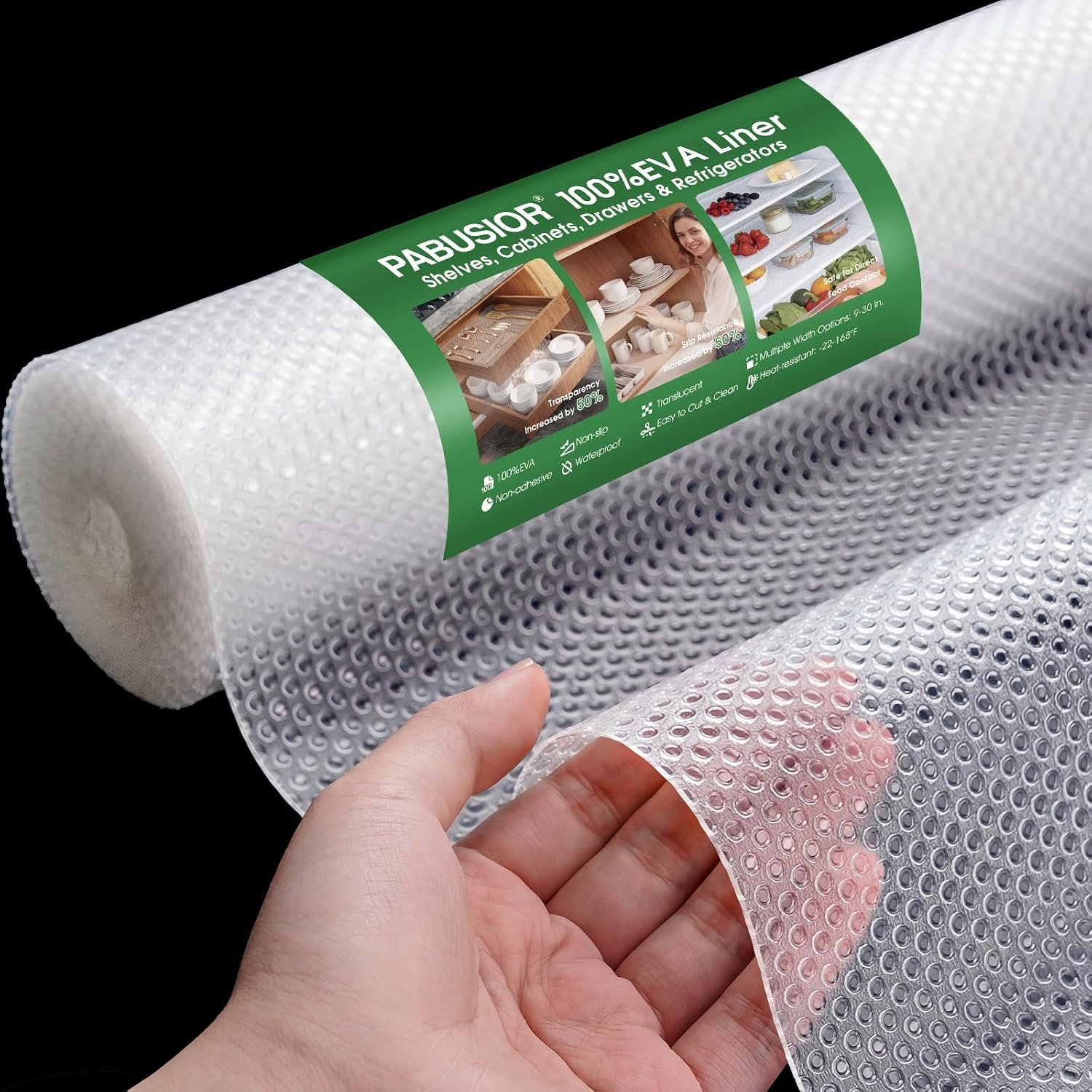 PABUSIOR Shelf Liners for Cabinets: 22″ Wide Larger Drawer Mat for Kitchen | Clear 100%EVA Grip Non-Slip Pantry Liner for Shelves – 22″ x 338″ Translucent Waterproof Cupboard Mats for Under Sink