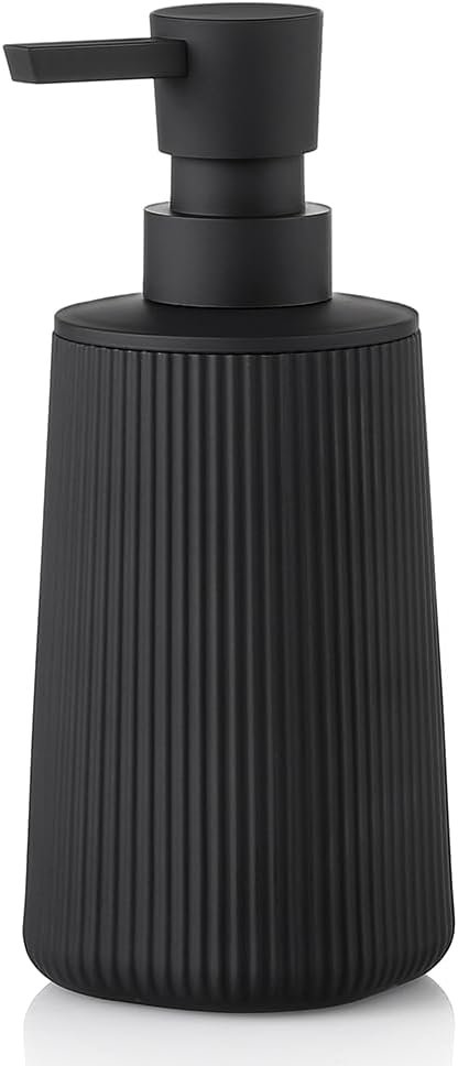 YAUKPH Small Soap Dispenser for Bathroom and Kitchen Matte Black | Modern Farmhouse Striped Style Plastic Hand Soap Dish Soap Dispenser with Pump