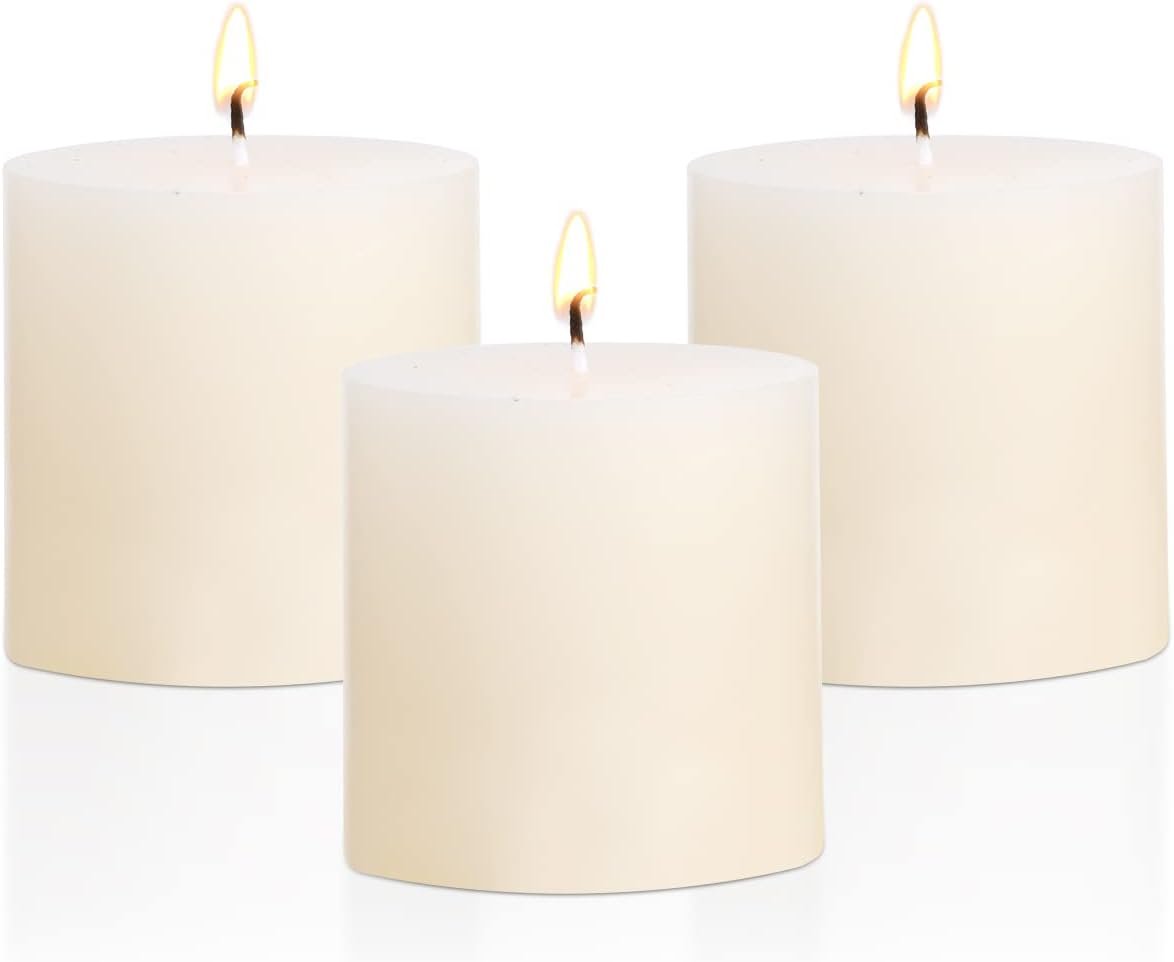 3×3 Ivory Pillar Candles Set of 3 Unscented Handpoured Weddings, Home Decoration, Restaurants, Spa, Church Smokeless Cotton Wick – Ivory 90 Hour