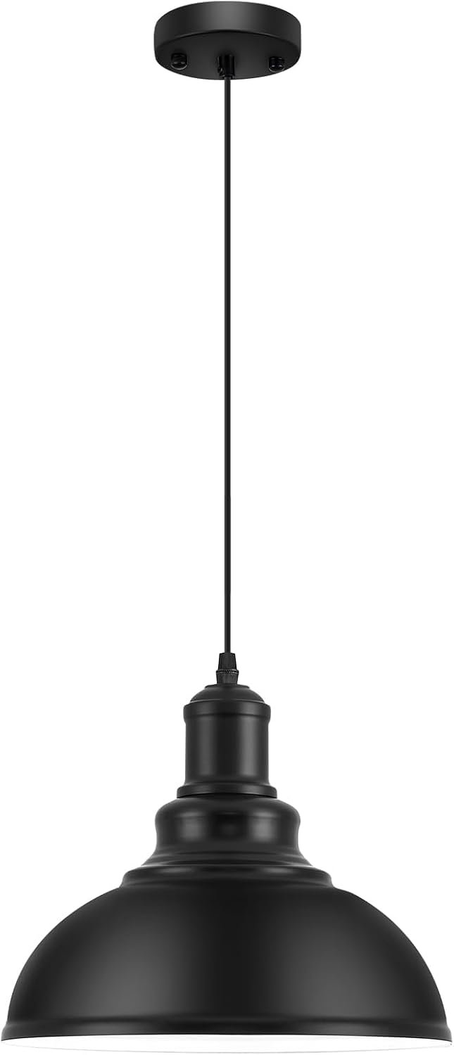 Pendant Lights, Farmhouse Pendant Lamp with Metal Shade (White Inside), Matte Black Industrial Pendant Lighting for Kitchen Island, Dining Room, Bedroom, Hallway