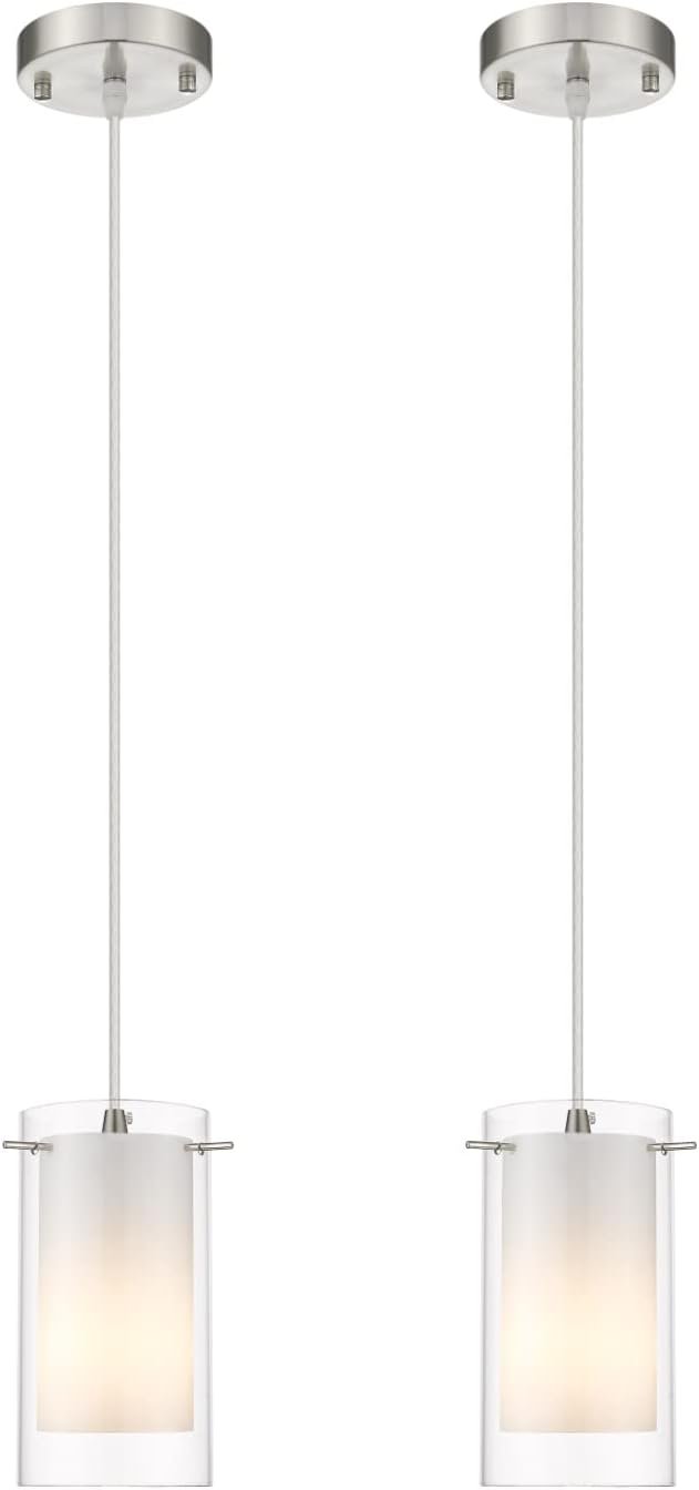 AKEZON Pendant Lights Kitchen Island 2 Pack, Brushed Nickel, Adjust Height | Flat/Slope wired Ceiling,modern design,Clear Glass,inner frosted white glass,E26 base,Hardwired Mount,Indoor Use,ETL Listed