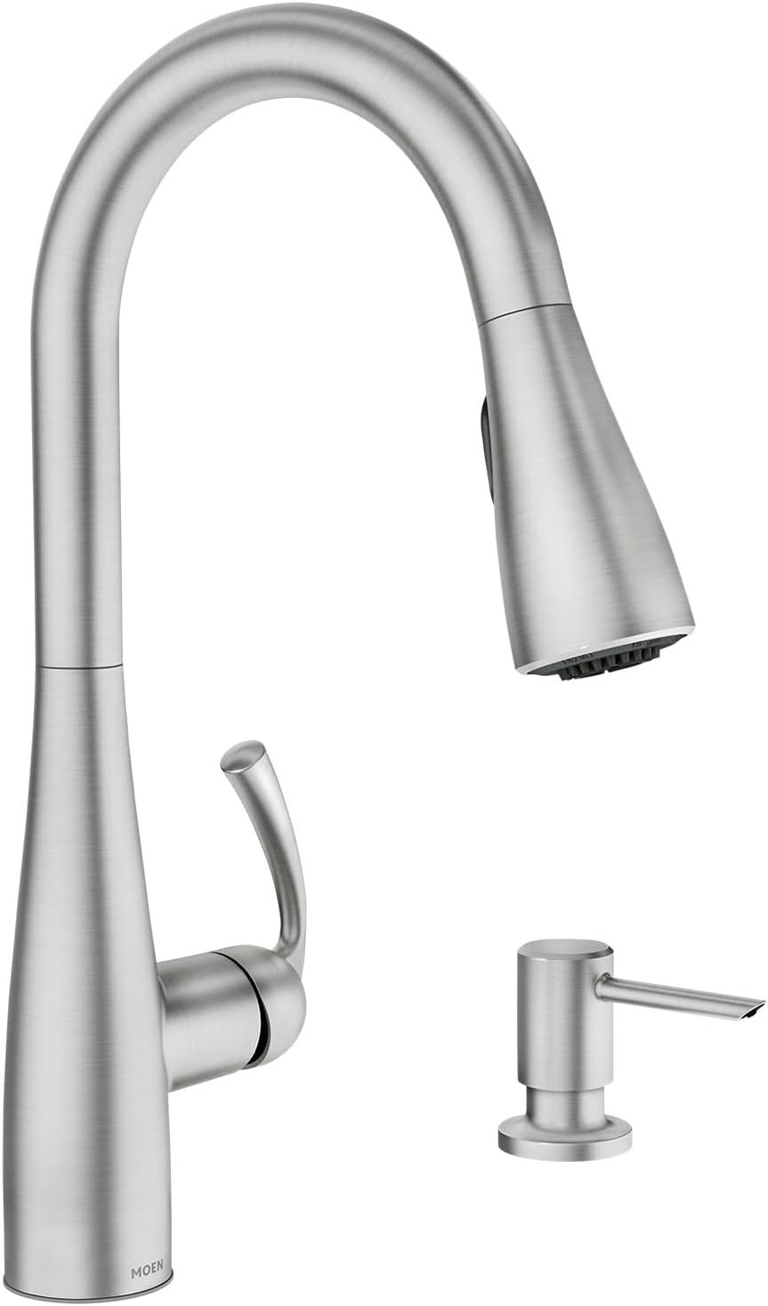 Moen Essie Spot Resist Stainless Pulldown Sprayer Kitchen Sink Faucet Set with Modern Pump Soap Dispenser, 87014SRS