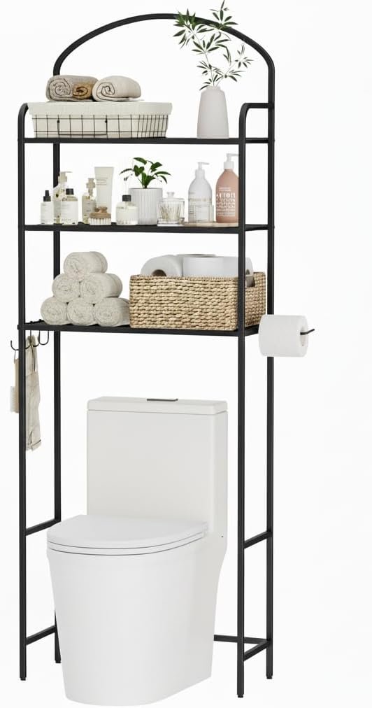 3 Tier Over The Toilet Storage Rack, Bathroom Organizer | Toilet Storage with 4 Hooks & Paper Holder, Space-Saving, Freestanding Bathroom Shelf, Metal, Black
