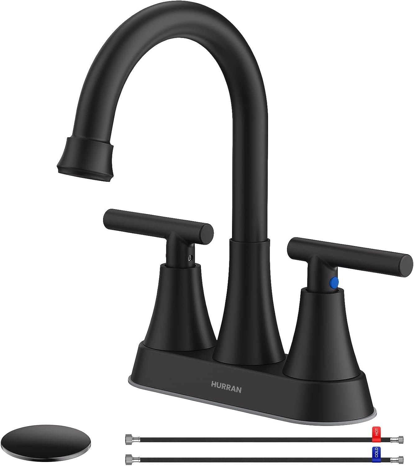 Matte Black Bathroom Faucet, Hurran 4 inch Centerset 2-Handle Lead-Free | Bathroom Sink Faucet with Pop-up Drain and Supply Lines, Stainless Steel Faucet for Vanity RV Restroom Laundry Outdoor Sink
