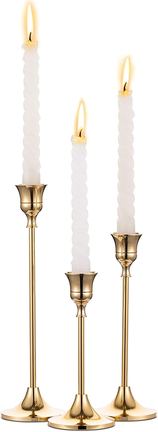 Candlestick Holders Taper Candle Holders, Set of 3 Candle Stick Holders Set, Brass Gold Candlestick Holder Set, Vintage Modern Decorative Centerpiece for Table Mantel Wedding Housewarming Gift | Set of 3 Solid Brass Candle Stick Taper Holder Chic Centerpiece for Wedding Christmas Kitchen Living Room Shelf Dining Table