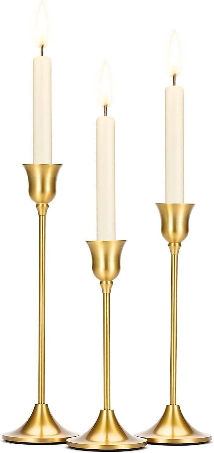 Tifanso 3PCS Vintage Brass Gold Taper Candlestick Holders for Table Decor | Tall Sturdy Metal Build, Fits Pillar Candles, Great for Wedding Fireplace & Dining Centerpieces, Ideal Housewarming Gift
