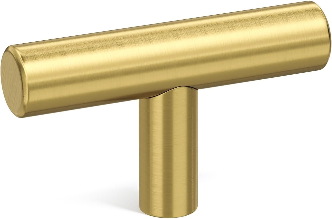 Goldenwarm 10 Pack Gold Cabinet Knobs Brushed Brass Cabient Knobs, 2Inch | Gold Dresser Hardware, Stainless Steel, Screws Included, Single Hole T Bar Pulls for Kitchen Cupboard Dresser Closet Hardware