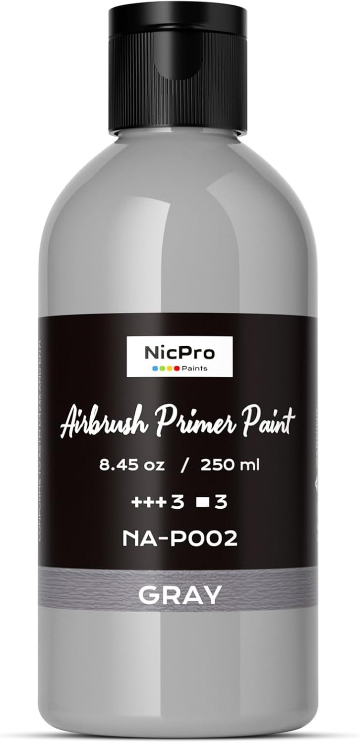 Nicpro Grey Surface Primer Airbrush Paint (8.4oz, 250 ml), Matte Finish | Ready To Spray Air Brush Water-Based Acrylic Primer for Beginner & Artist Priming Plastic Models, Miniatures, Figures, Craft