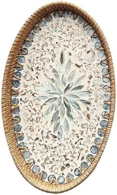 14.5 Inch Serving Tray for Coffee Table Ottoman Décor Tray for Living Room | Mother of Pearl Inlay Rattan Centerpiece Tray for Candle Holder, Flower, Coffee, Bread, Fruit (Large)