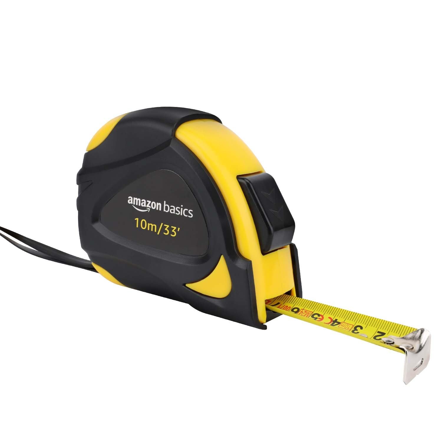Amazon Basics Self-Locking Tape Measure with Belt Clip, 33 feet (10 m), Inch/Metric Scale, MID Accuracy, Black, Yellow