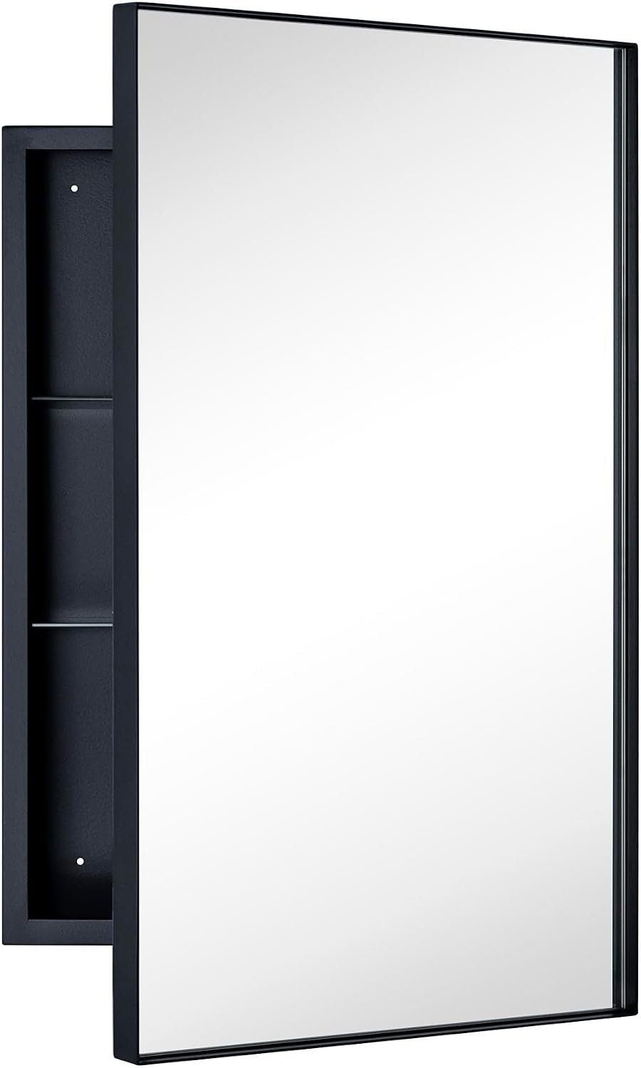 TEHOME Recessed Mount 16×26” Squared Rectangle Matt Black Bathroom Medicine Cabinet with Mirror Black Metal Framed Rectanglular Medicine Cabinet 2 Adjustable Glass Shelves