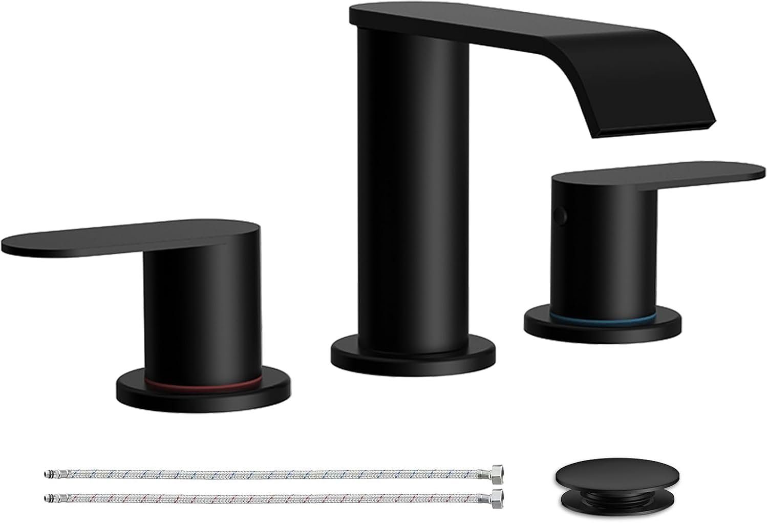 Matte Black Waterfall Bathroom Faucet for Sink 3 Hole 8 Inch Widespread | Bathroom Sink Faucets with Pop-up Drain Supply Lines Stainless Steel 2-Handle for Bath Vanity Homevacious