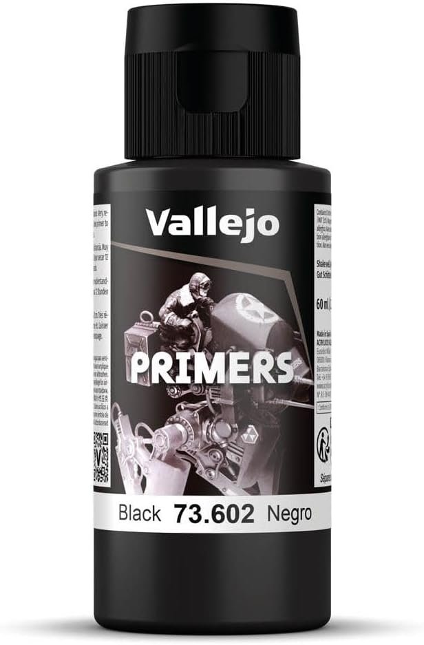 Vallejo – Surface Primer Color | Black Acrylic Primer 60 ml (2.02 fl.oz.) | Matte Finish and Fast Drying | Perfect for Airbrushing and Great Adhesion to Figurines and Scale Models