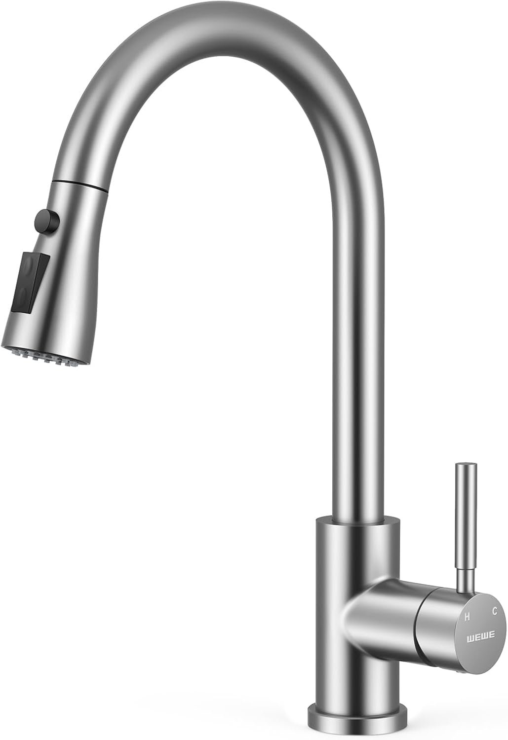 WEWE Pull-Down Kitchen Faucet, 3-Mode Sprayer, Brushed Nickel, High Arc | 360° Swivel, SUS 304, 1-Hole Fit, Ceramic Cartridge, Easy-Clean Nozzles, Tool-Free Install, 304 Braided Supply Hoses